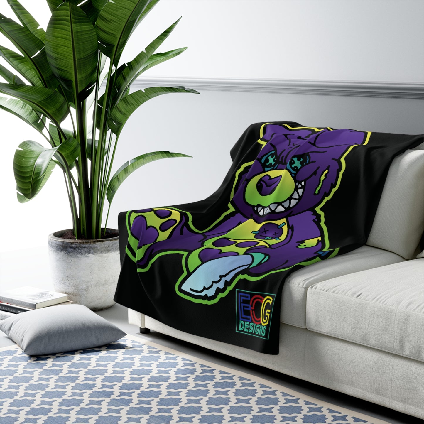 Purple and Green Demon Bear Sherpa Fleece Blanket