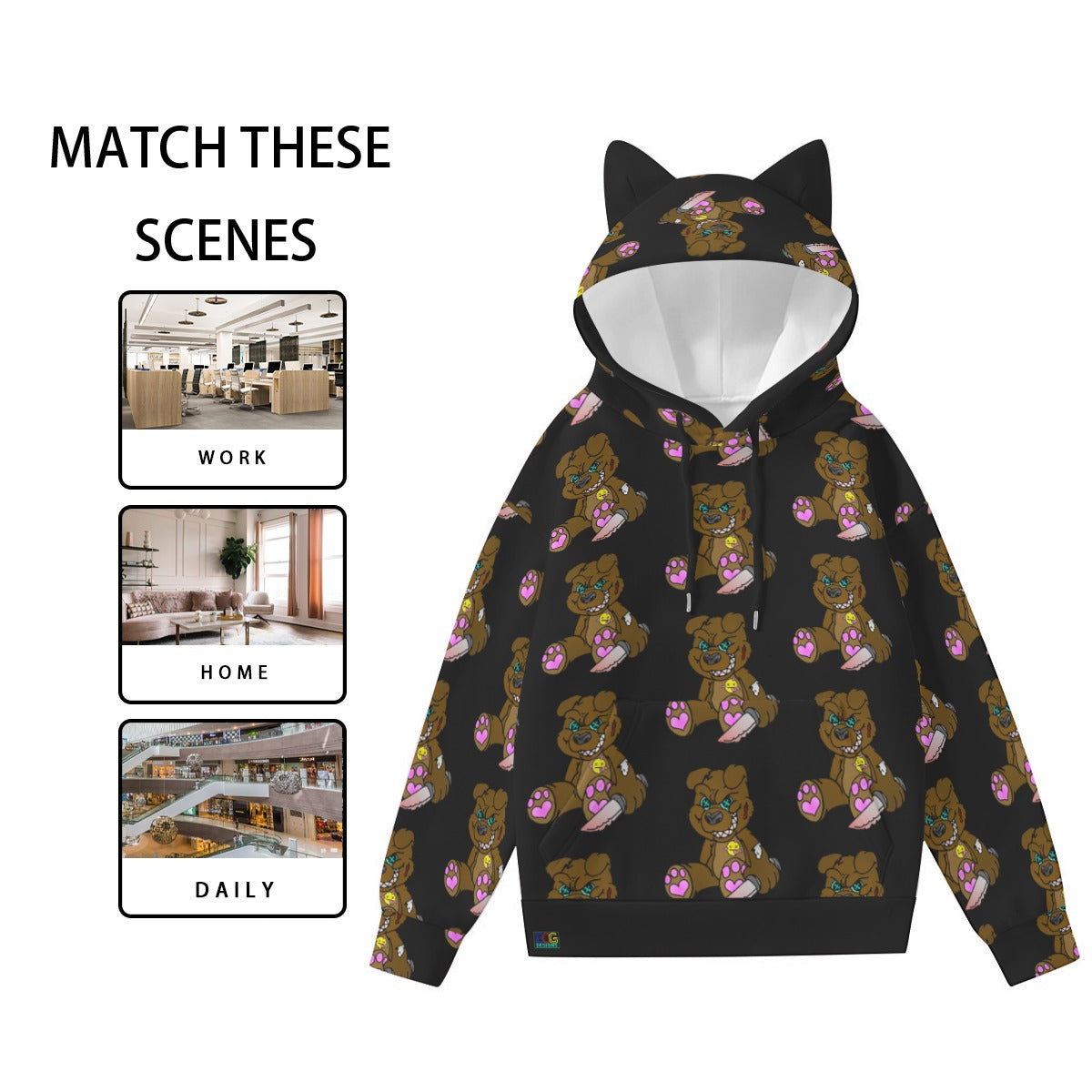 Brown Demon Bear All-Over Print Women’s Hoodie With Decorative Ears