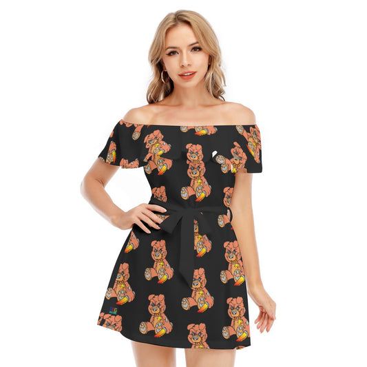 Orange Demon Bear All-Over Print Women's Off-shoulder Dress With Ruffle