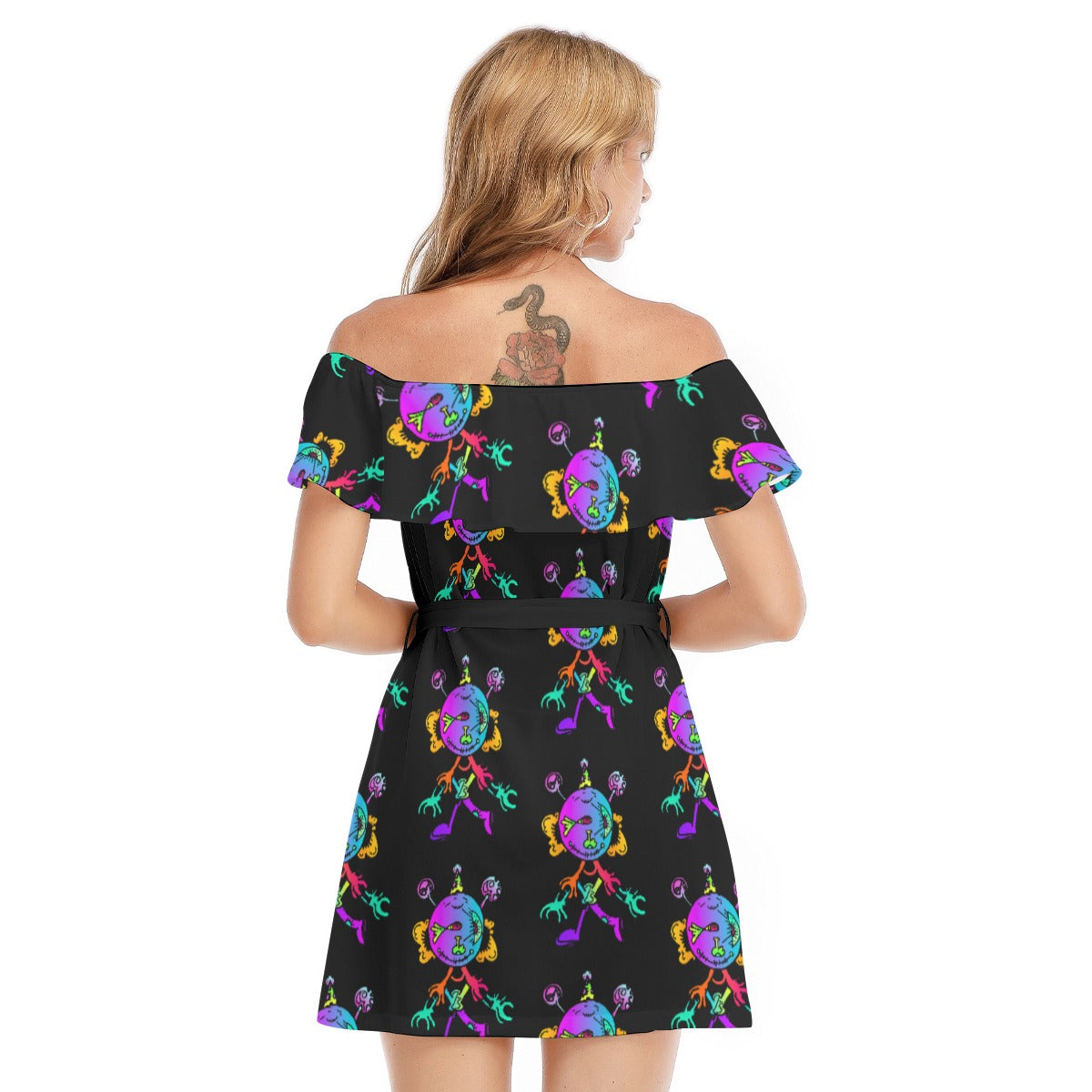 Happy Eye Day All-Over Print Women's Off-shoulder Dress With Ruffle