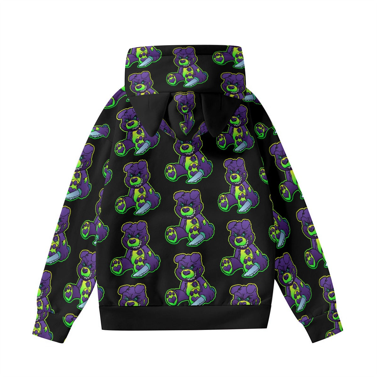 Purple and Green Demon Bear All-Over Print Women’s Hoodie With Decorative Ears