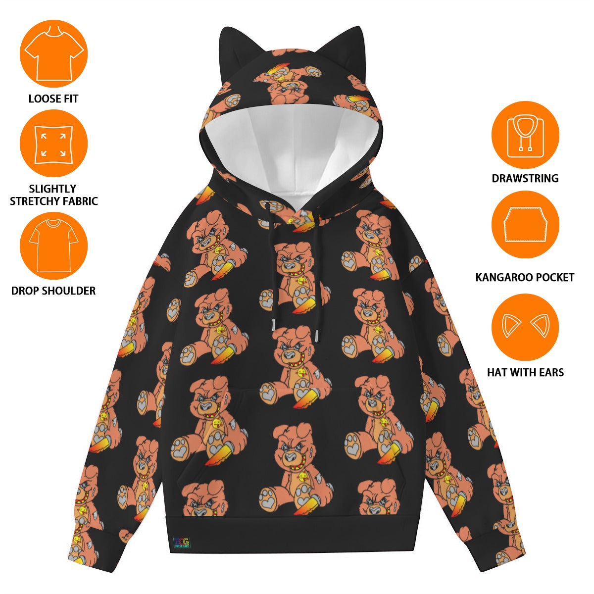 Orange Demon Bear All-Over Print Women’s Hoodie With Decorative Ears