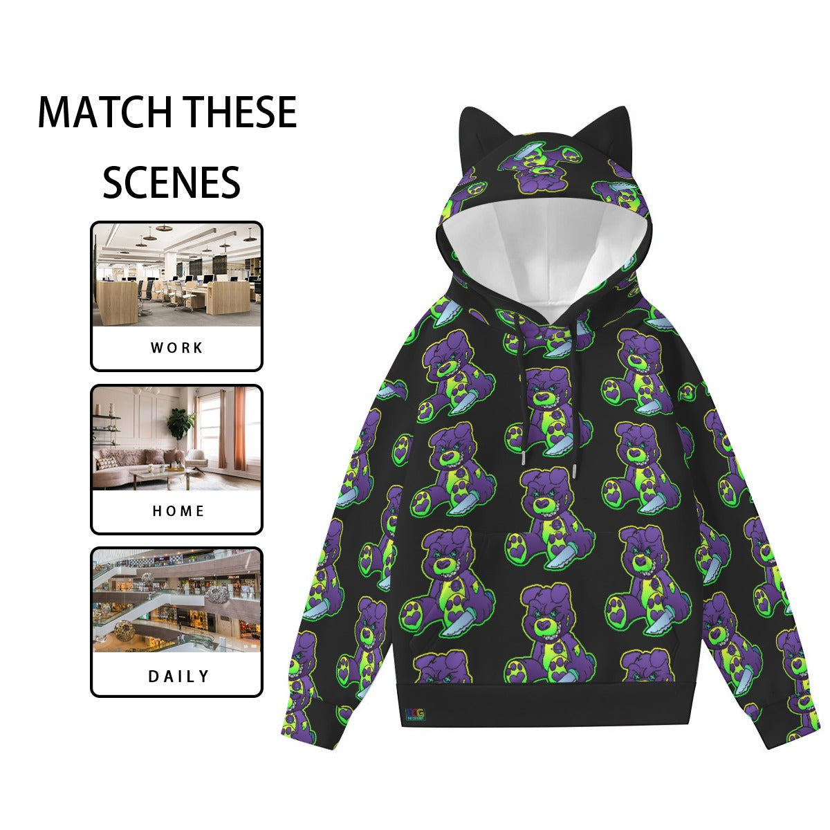 Purple and Green Demon Bear All-Over Print Women’s Hoodie With Decorative Ears