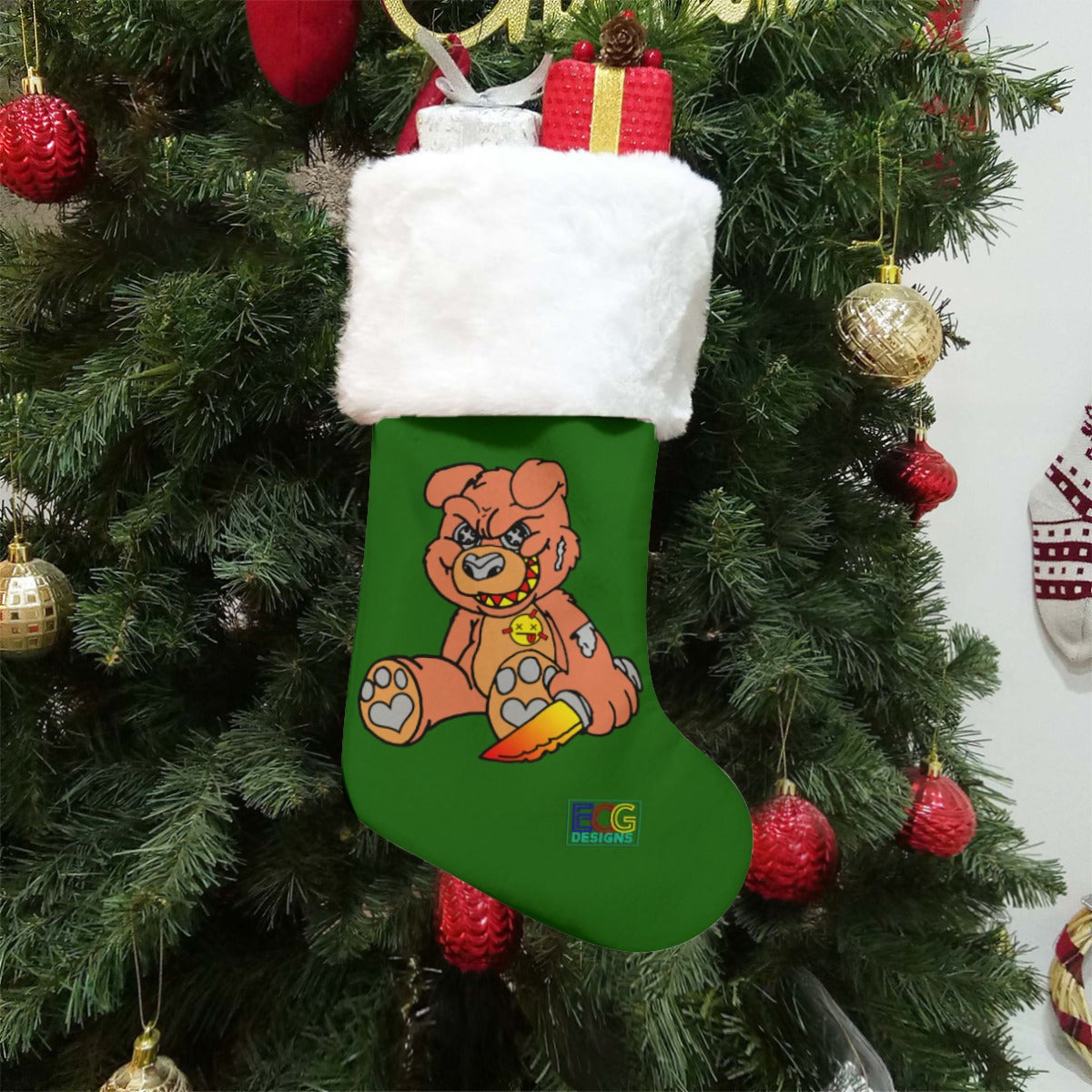 Orange Demon Bear (Green) All-Over Print Christmas Stocking