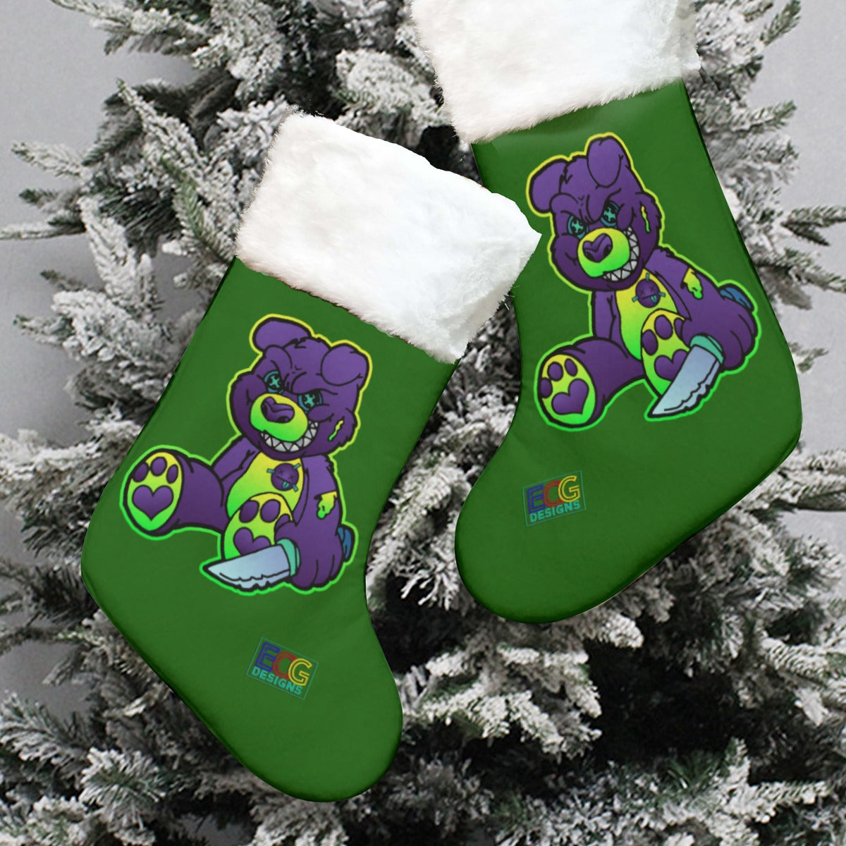 Purple and Green Demon Bear (Green) All-Over Print Christmas Stocking