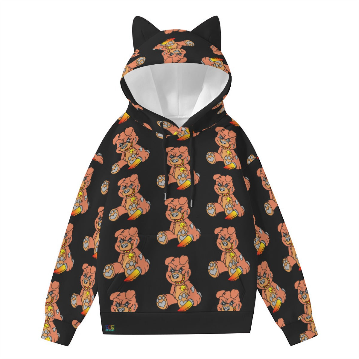 Orange Demon Bear All-Over Print Women’s Hoodie With Decorative Ears