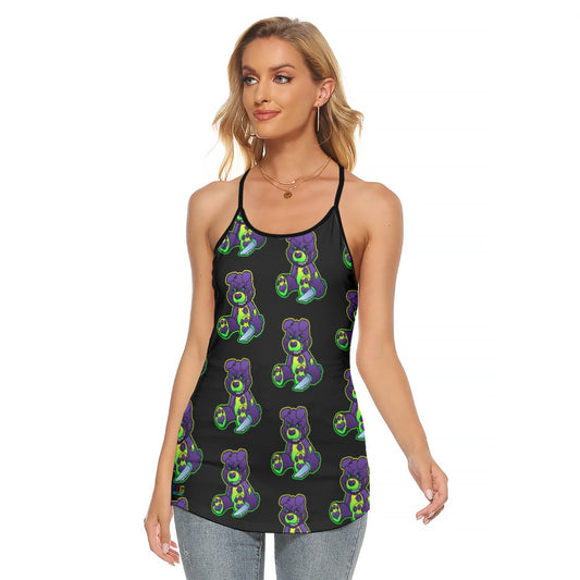 Purple and Green Demon Bear All-Over Print Women's Criss-Cross Open Back Tank Top