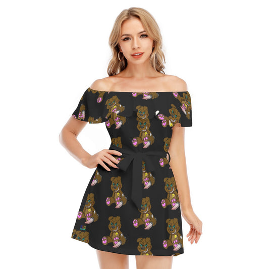 Brown Demon Bear All-Over Print Women's Off-shoulder Dress With Ruffle