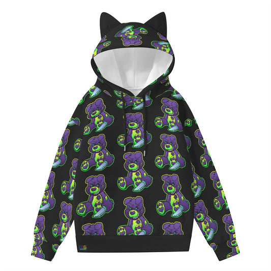 Purple and Green Demon Bear All-Over Print Women’s Hoodie With Decorative Ears