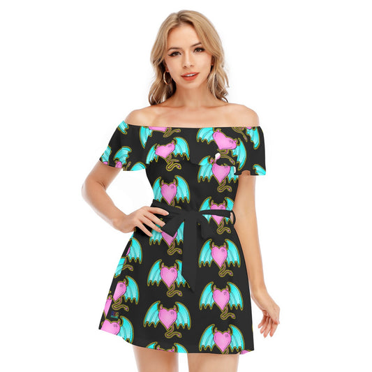 Devil of Love All-Over Print Women's Off-shoulder Dress With Ruffle