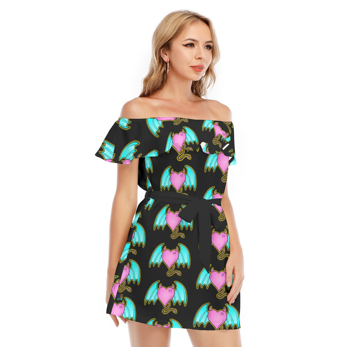 Devil of Love All-Over Print Women's Off-shoulder Dress With Ruffle