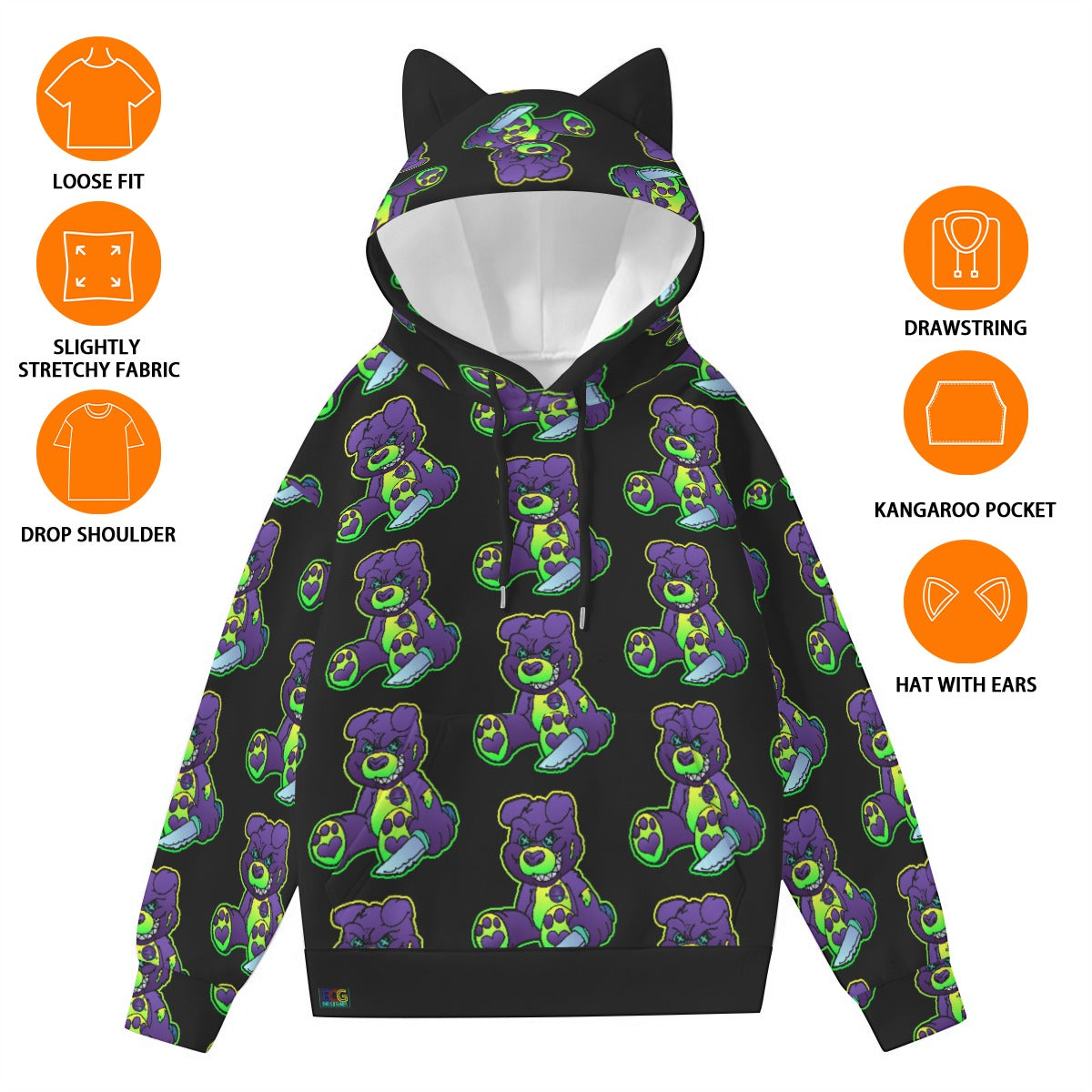 Purple and Green Demon Bear All-Over Print Women’s Hoodie With Decorative Ears