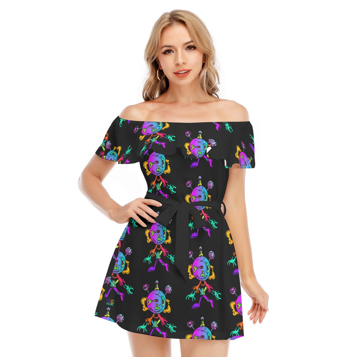 Happy Eye Day All-Over Print Women's Off-shoulder Dress With Ruffle