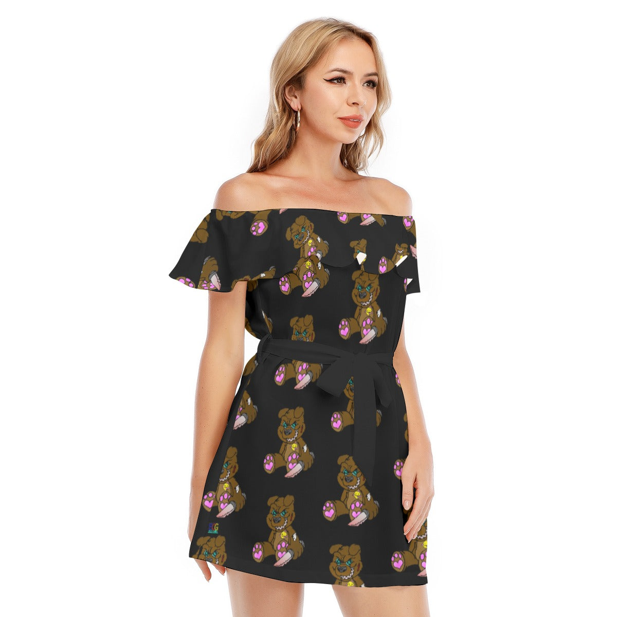 Brown Demon Bear All-Over Print Women's Off-shoulder Dress With Ruffle