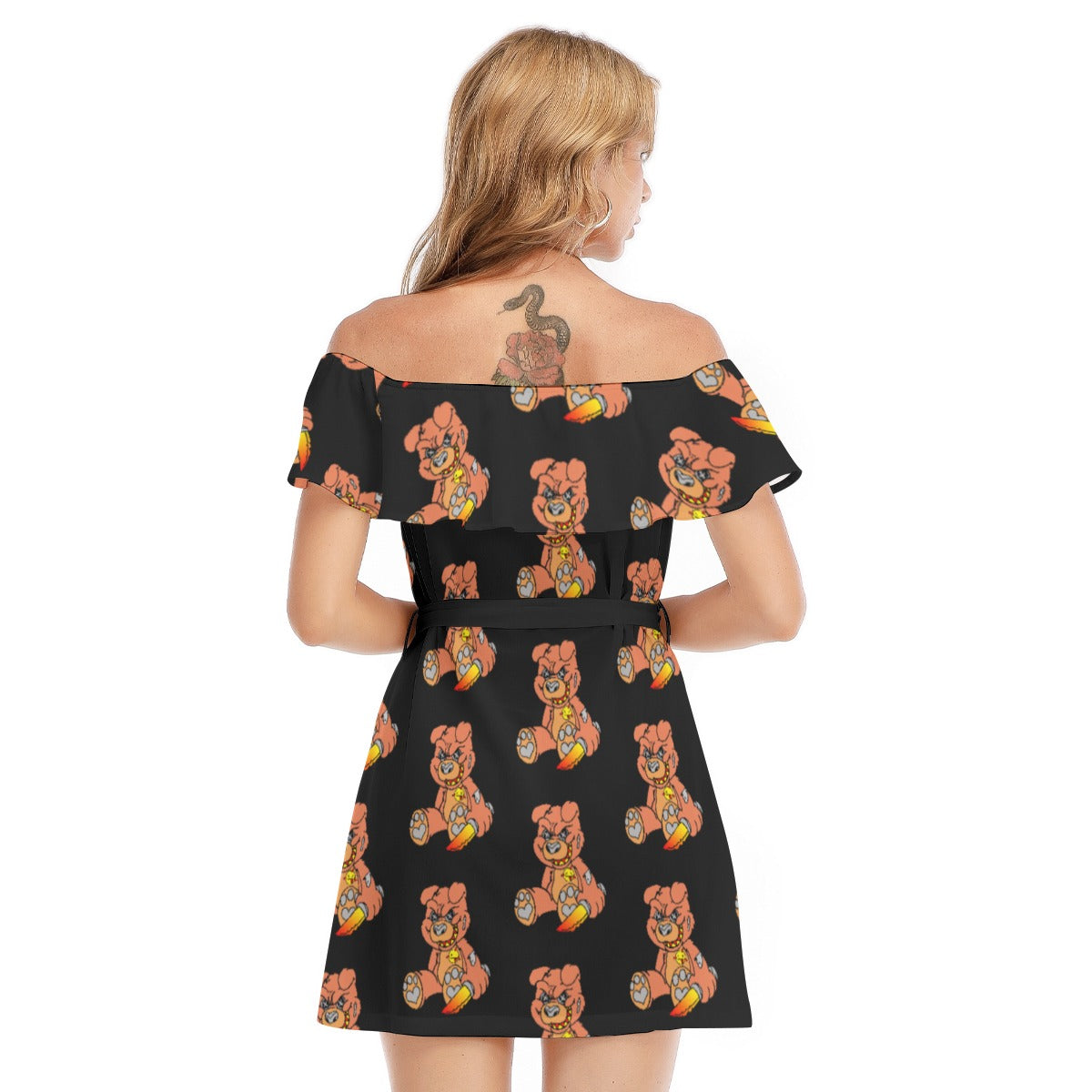 Orange Demon Bear All-Over Print Women's Off-shoulder Dress With Ruffle