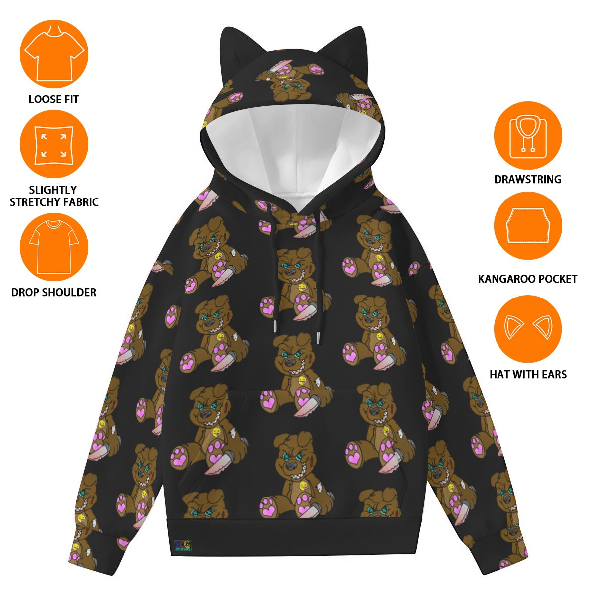 Brown Demon Bear All-Over Print Women’s Hoodie With Decorative Ears