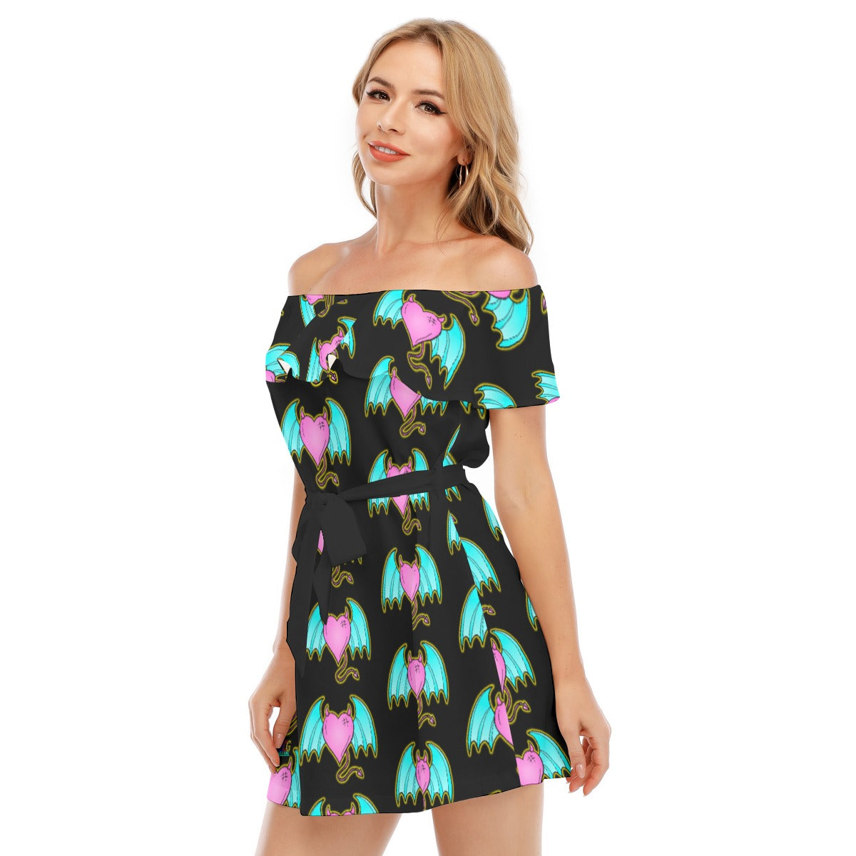 Devil of Love All-Over Print Women's Off-shoulder Dress With Ruffle