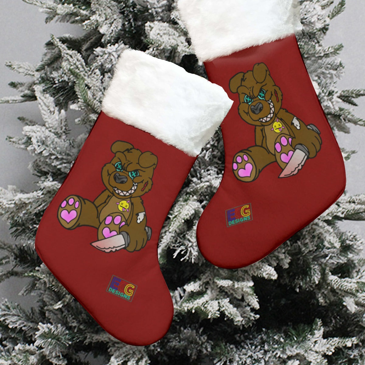 Brown Demon Bear (Red) All-Over Print Christmas Stocking