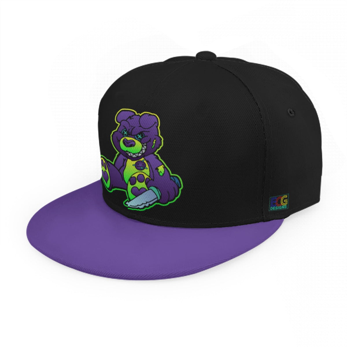 Purple and Green Demon Bear Baseball Cap With Flat Brim