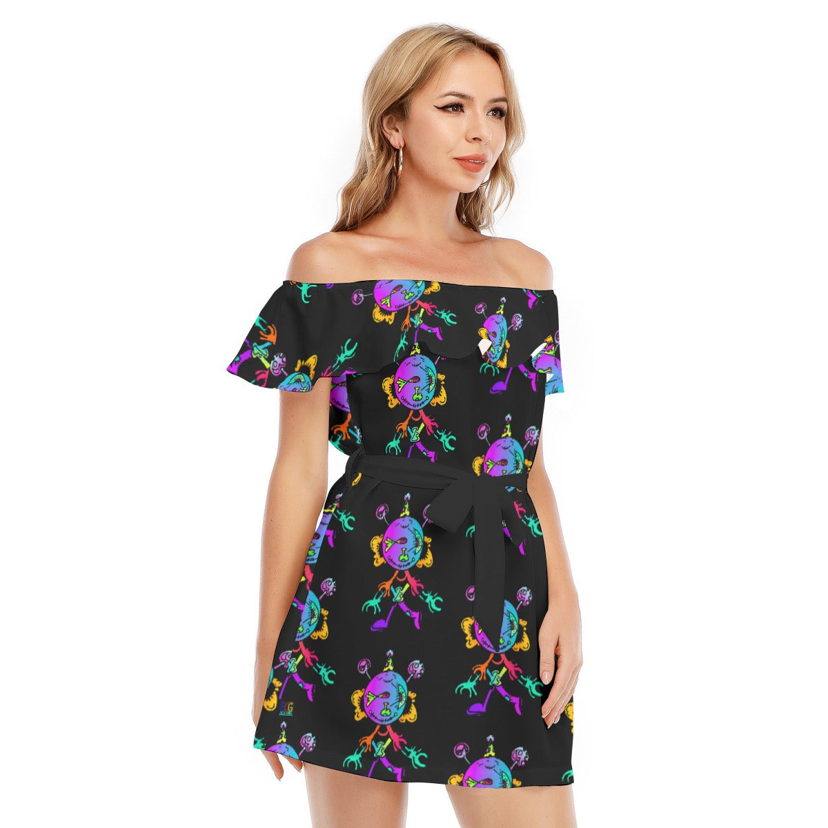 Happy Eye Day All-Over Print Women's Off-shoulder Dress With Ruffle