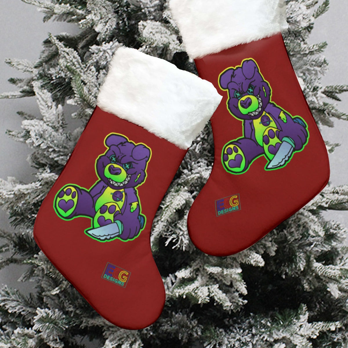 Purple and Green Demon Bear (Red) All-Over Print Christmas Stocking