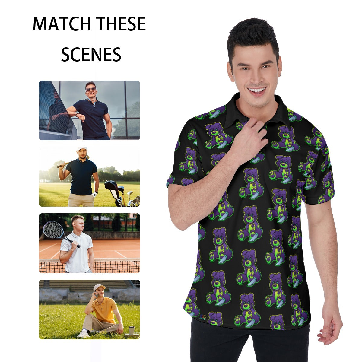 Purple and Green Demon Bear All-Over Print Men's Polo Shirt