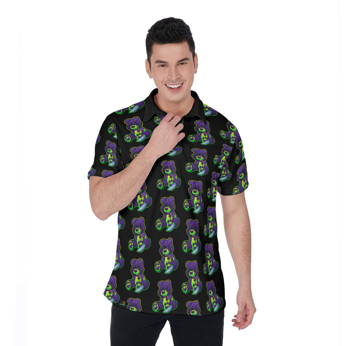 Purple and Green Demon Bear All-Over Print Men's Polo Shirt