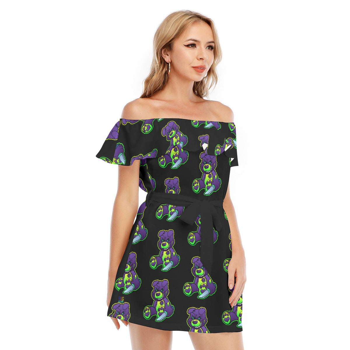 Purple and Green Demon Bear All-Over Print Women's Off-shoulder Dress With Ruffle