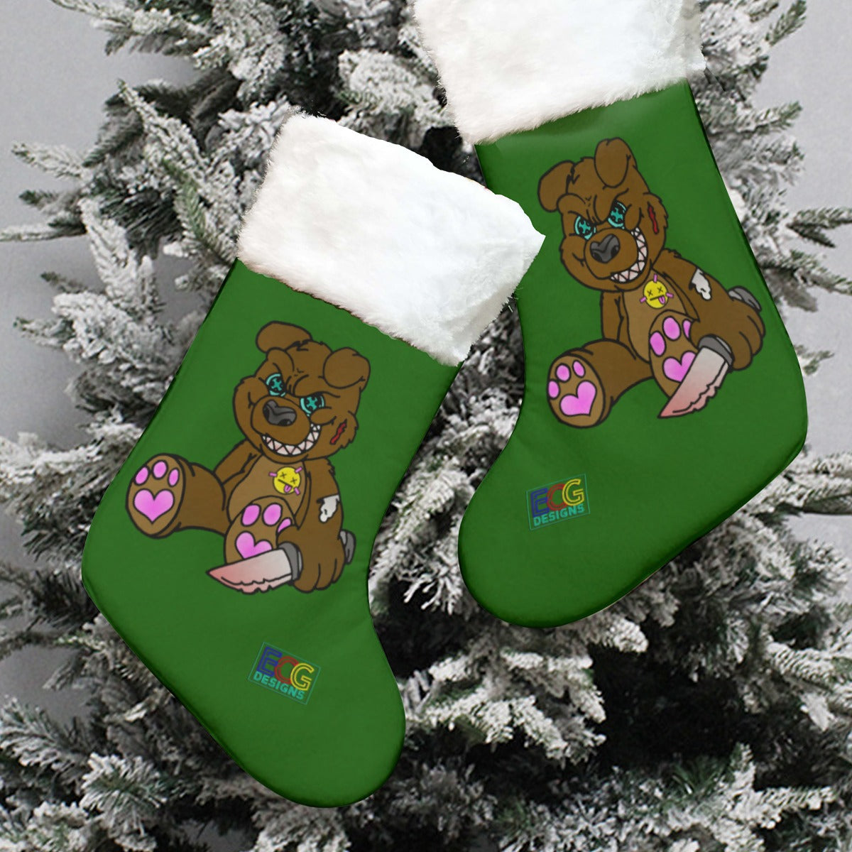 Brown Demon Bear (Green) All-Over Print Christmas Stocking