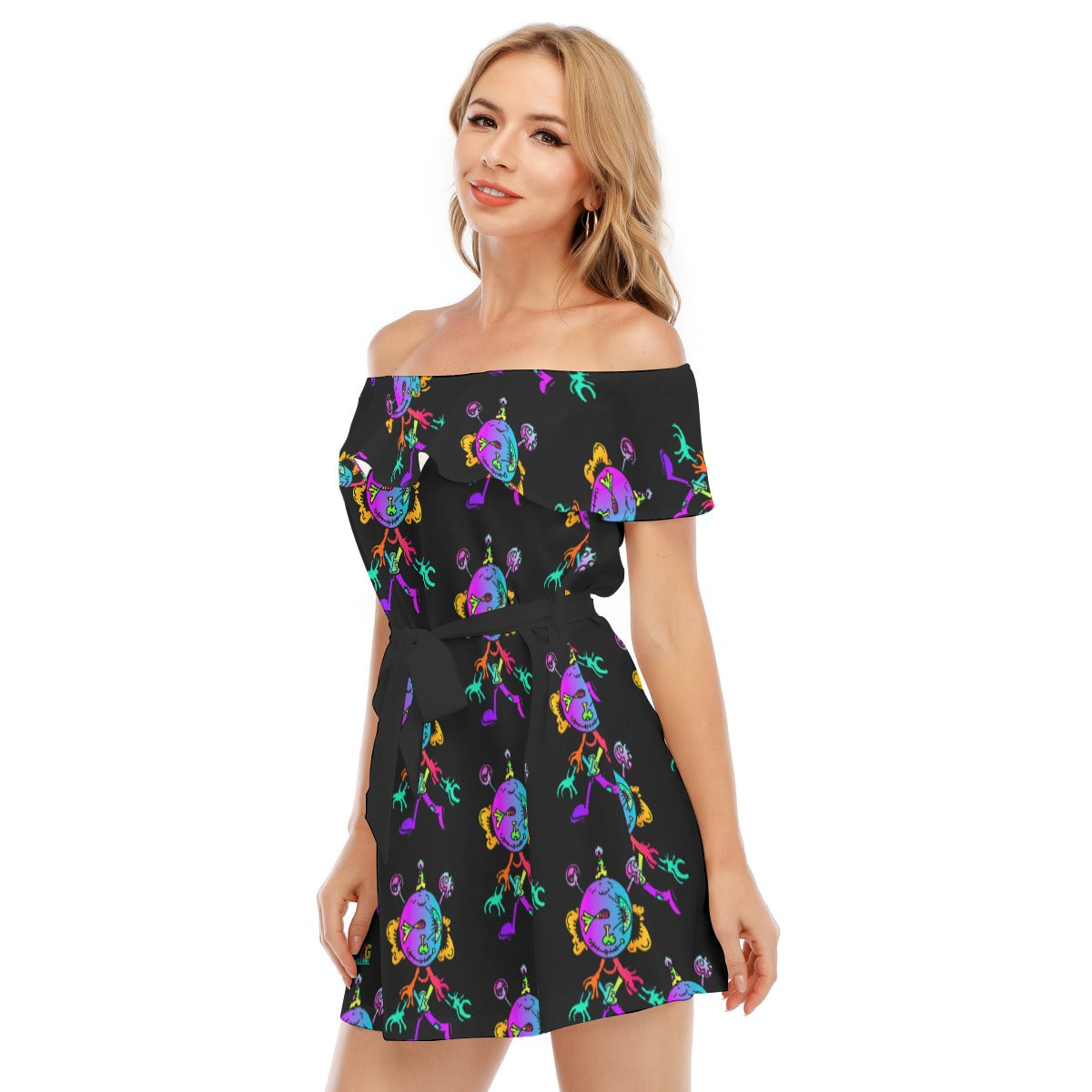 Happy Eye Day All-Over Print Women's Off-shoulder Dress With Ruffle