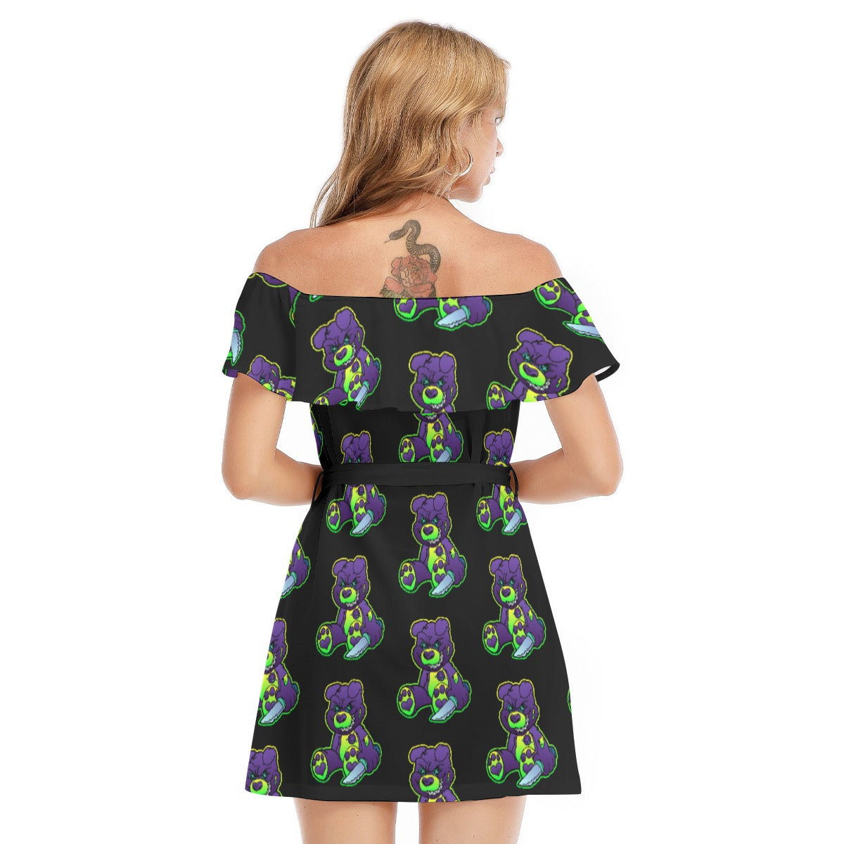 Purple and Green Demon Bear All-Over Print Women's Off-shoulder Dress With Ruffle