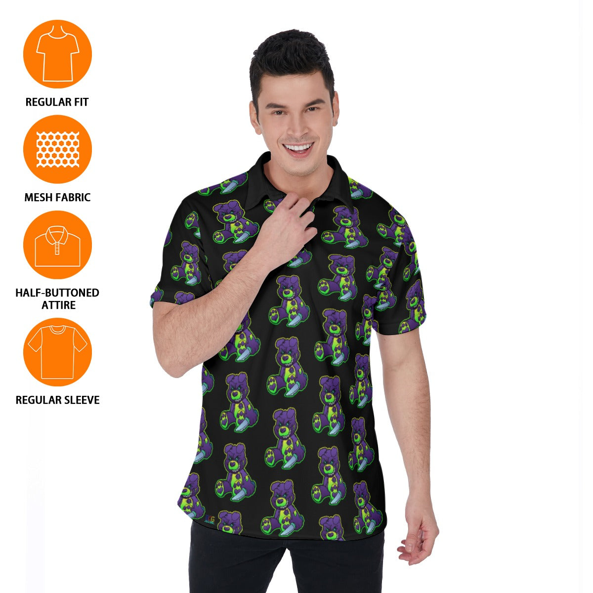 Purple and Green Demon Bear All-Over Print Men's Polo Shirt