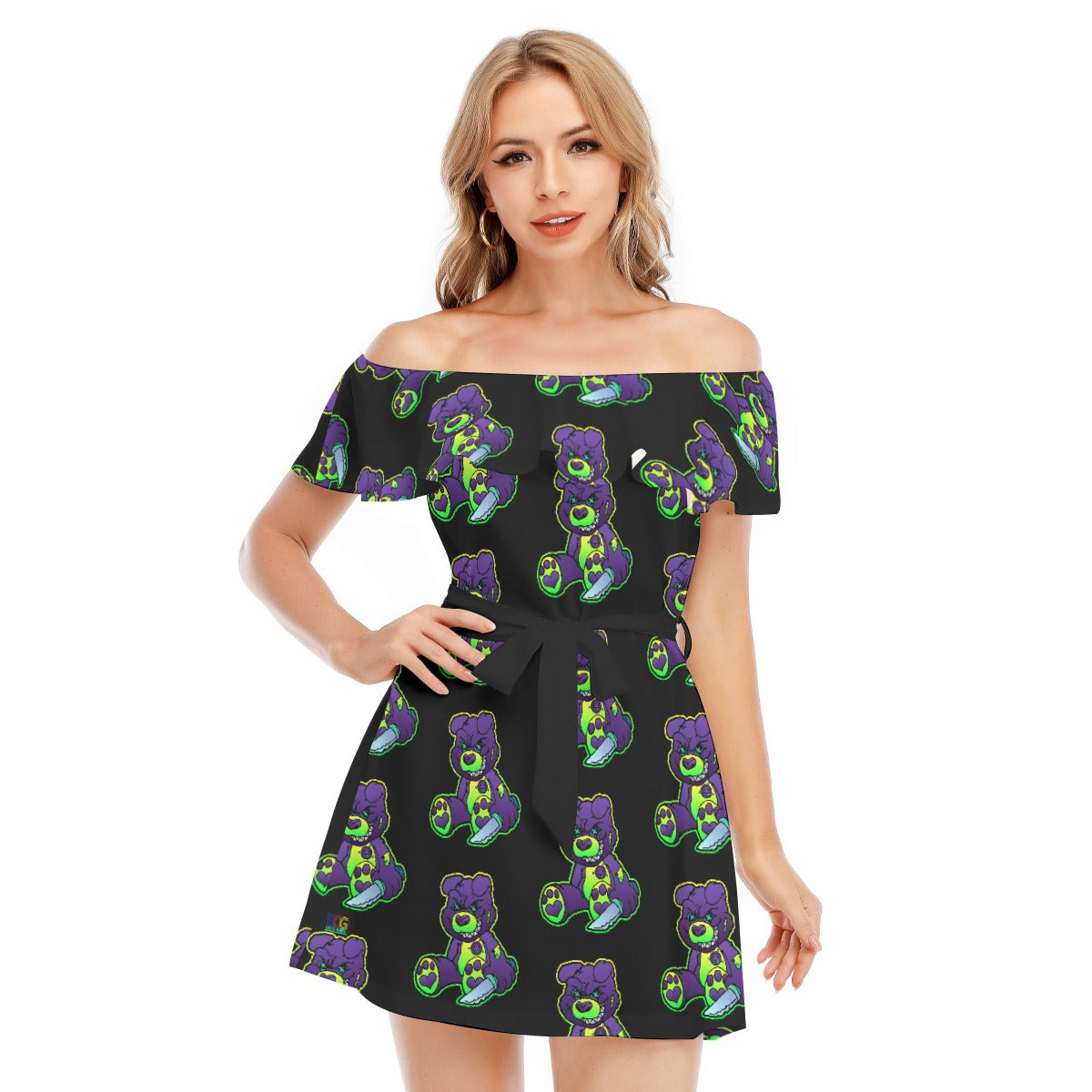 Purple and Green Demon Bear All-Over Print Women's Off-shoulder Dress With Ruffle