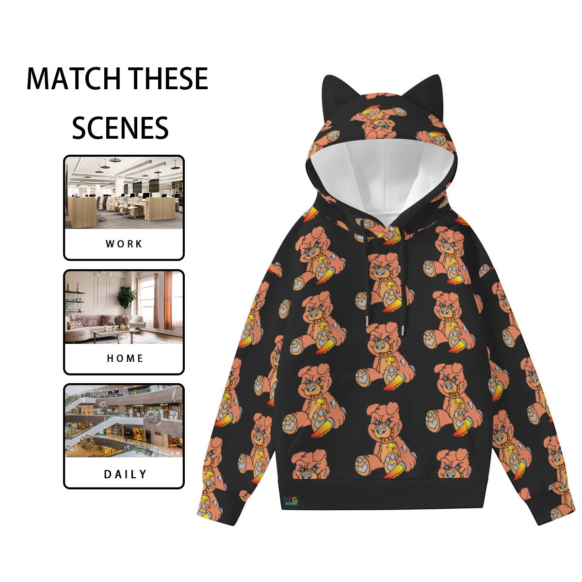 Orange Demon Bear All-Over Print Women’s Hoodie With Decorative Ears