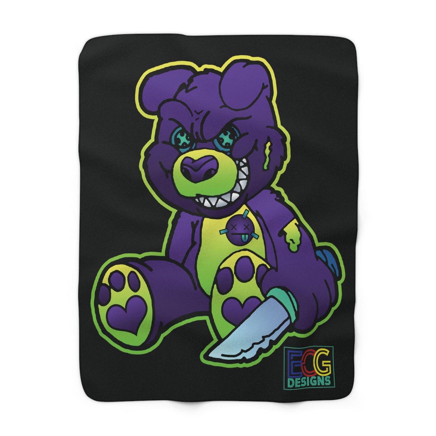 Purple and Green Demon Bear Sherpa Fleece Blanket