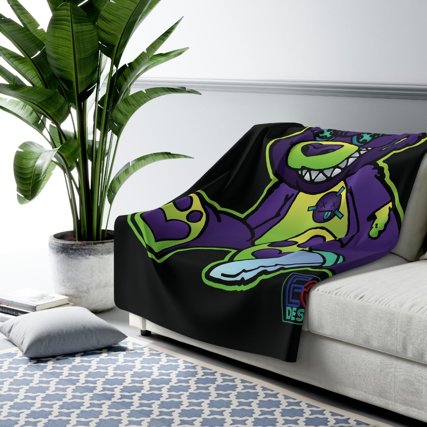 Purple and Green Demon Bear Sherpa Fleece Blanket