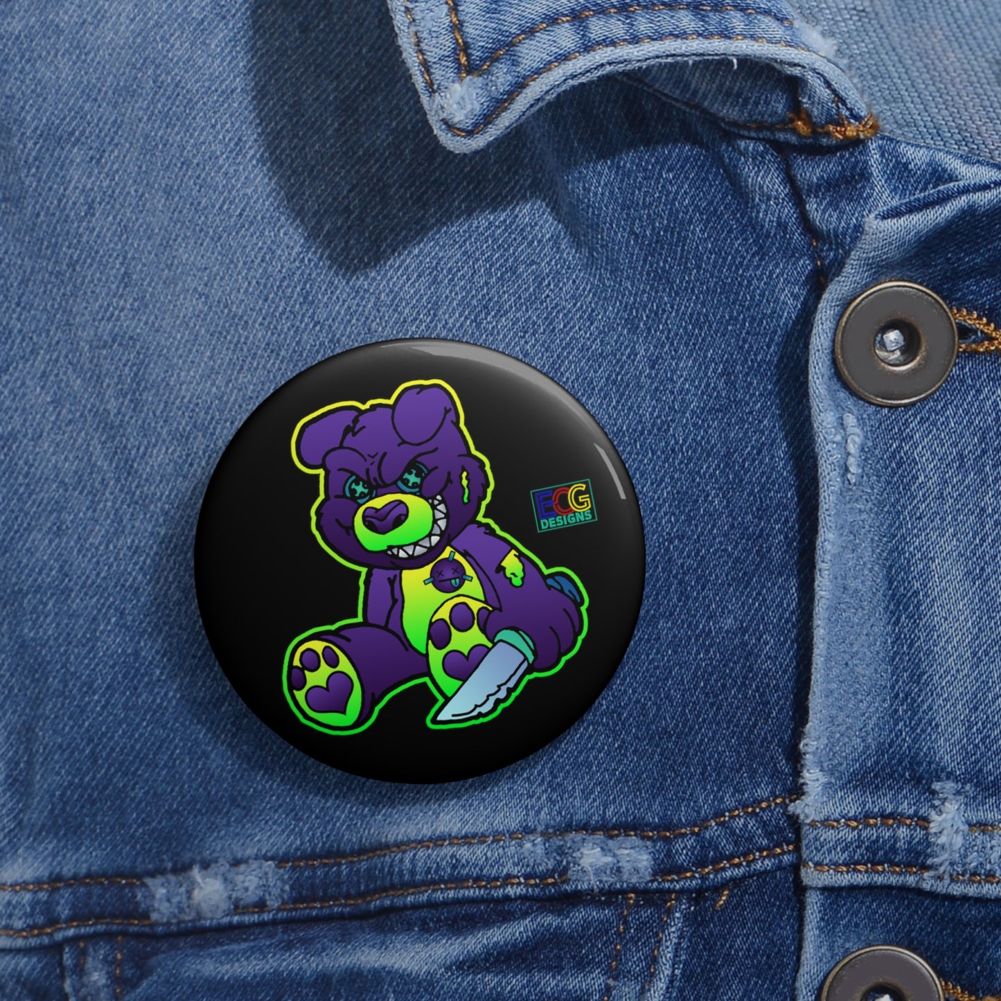 Purple and Green Demon Bear Pin Buttons