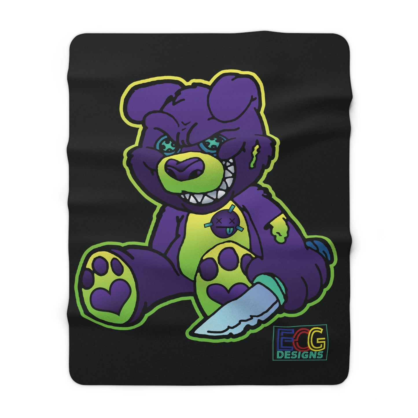 Purple and Green Demon Bear Sherpa Fleece Blanket