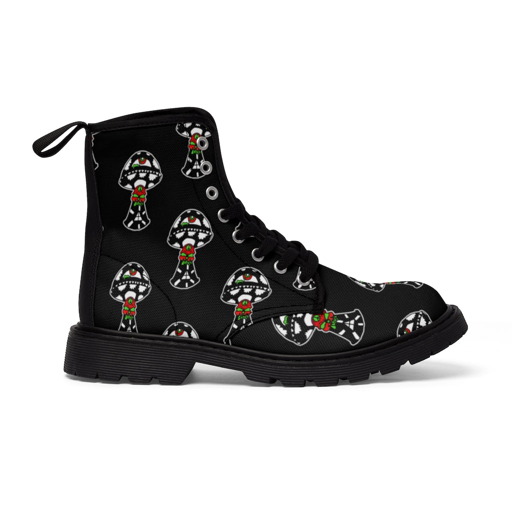 Black and White Skull Shroom Men's Canvas Boots