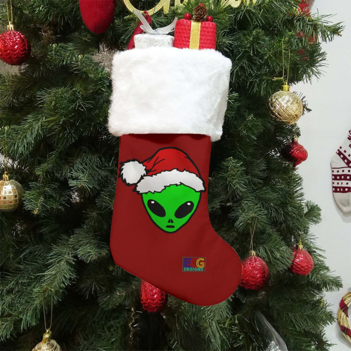 Santa Alien Christmas Stocking (Red)