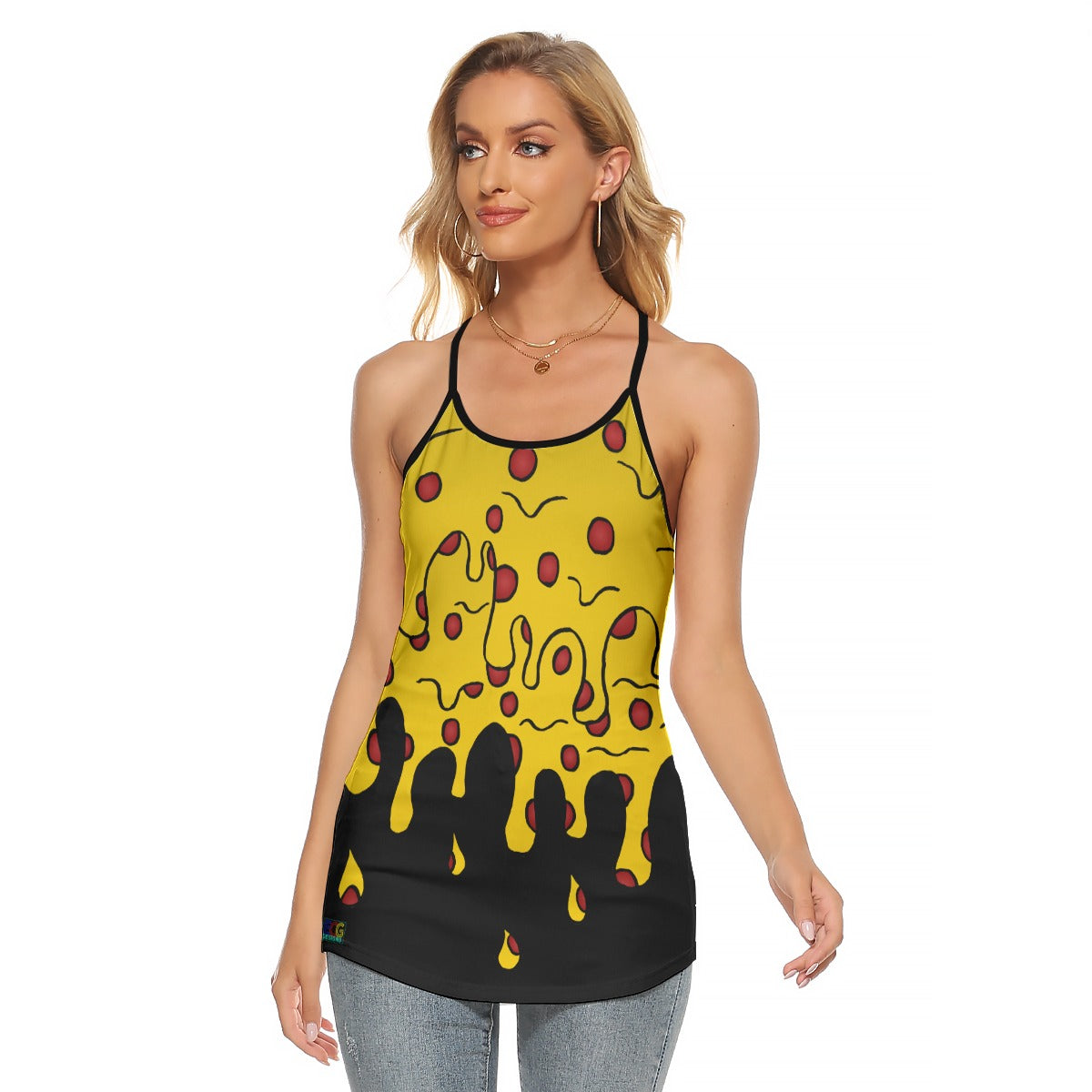 Cheesy Pizza Drip All-Over Print Women's Criss-Cross Open Back Tank Top