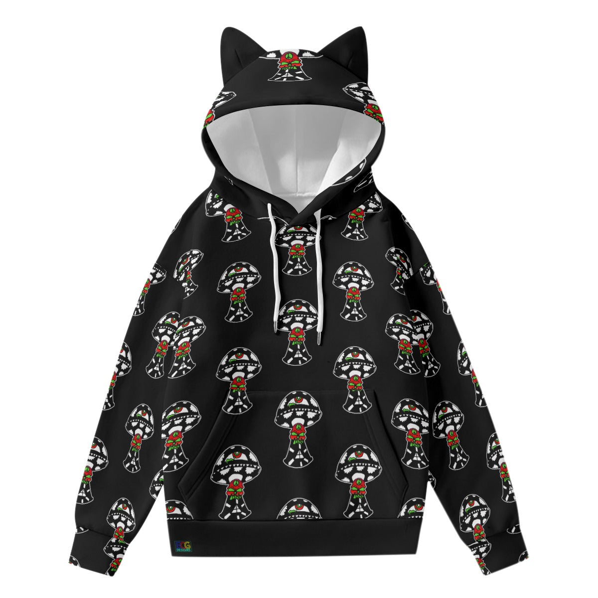 Black And White Skull Shroom All-Over Print Women’s Hoodie With Decorative Ears