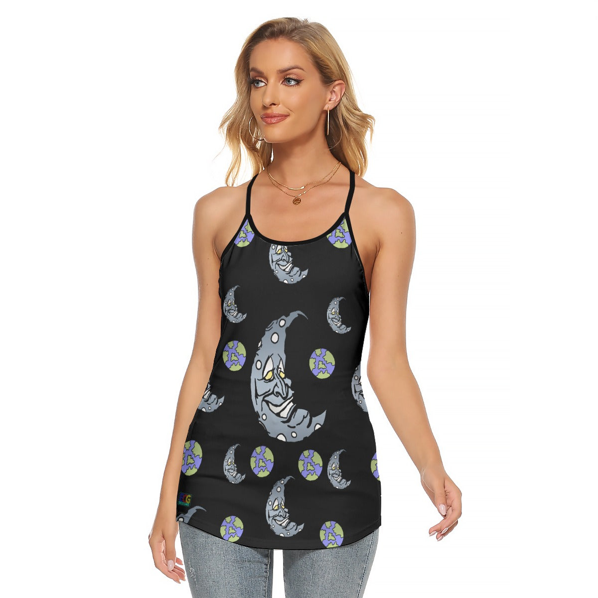 Silver Moon All-Over Print Women's Criss-Cross Open Back Tank Top