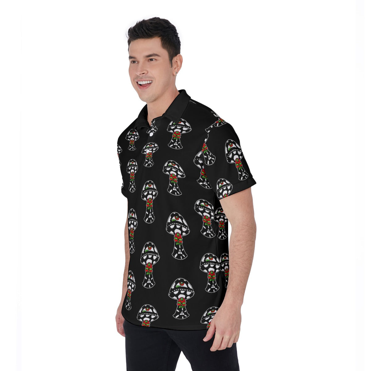 Black and White Skull Shroom All-Over Print Men's Polo Shirt