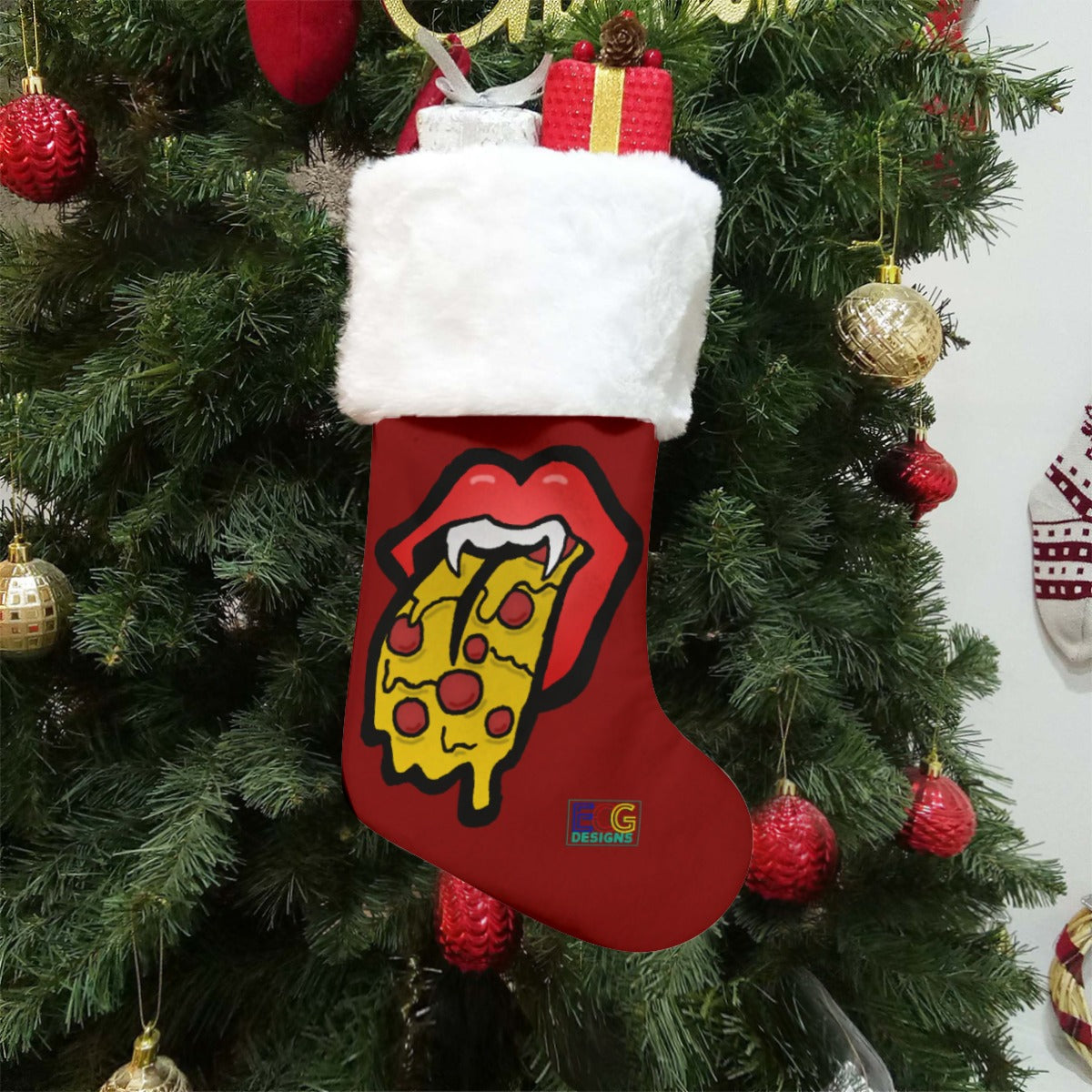 Pizza Tongue Christmas Stocking (Red)