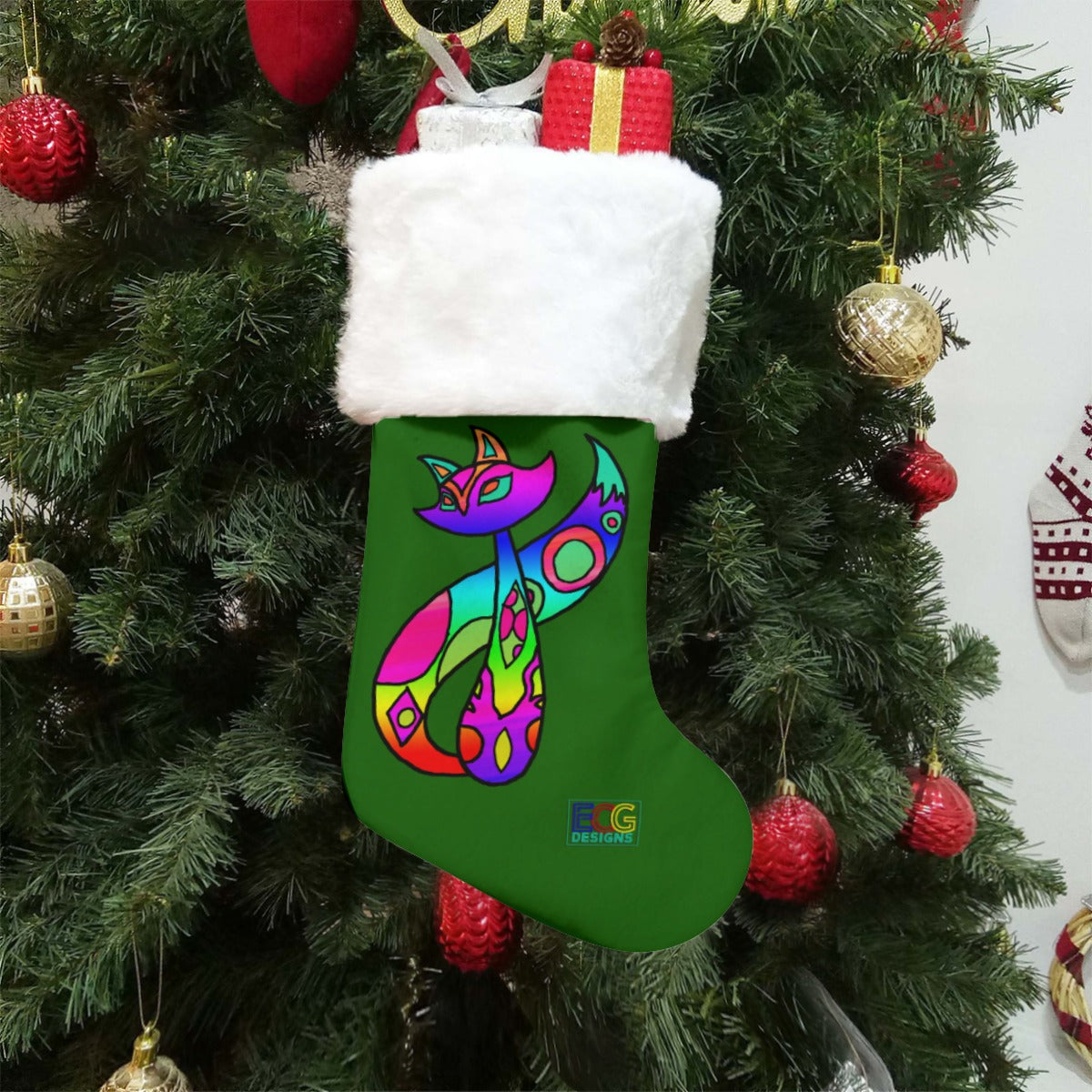 Cat Christmas Stocking (Green)