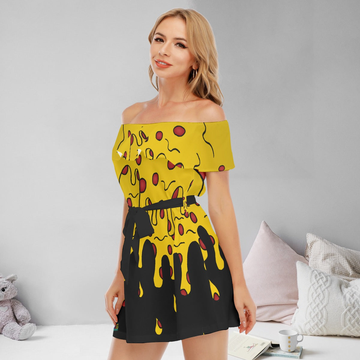 Cheesy Pizza Drip All-Over Print Women's Off-shoulder Dress With Ruffle