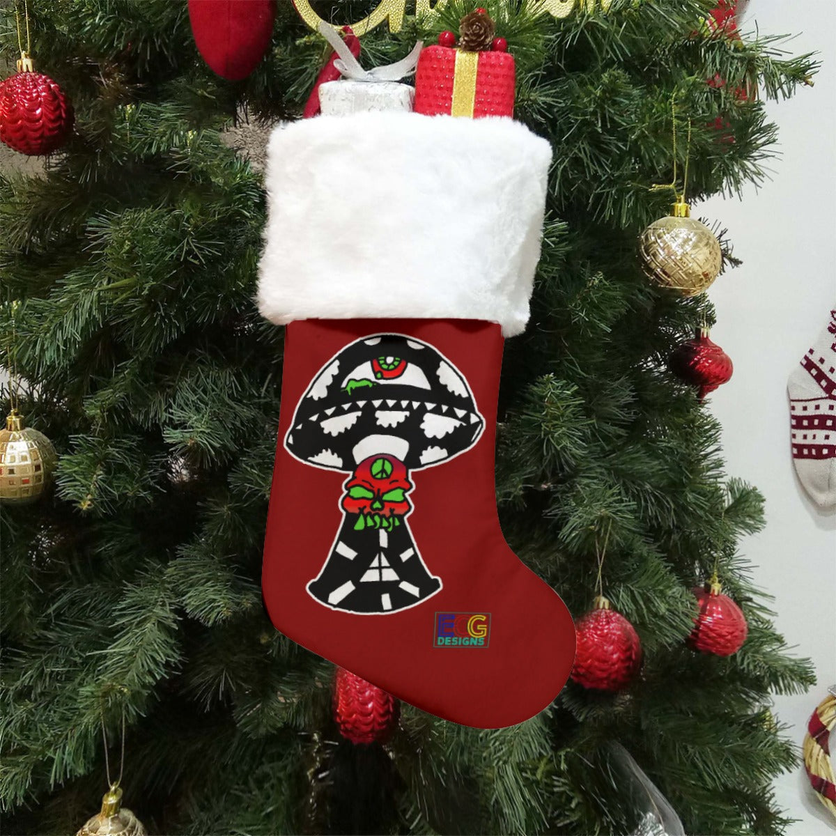 B&W Skull Shroom Christmas Stocking (Red)