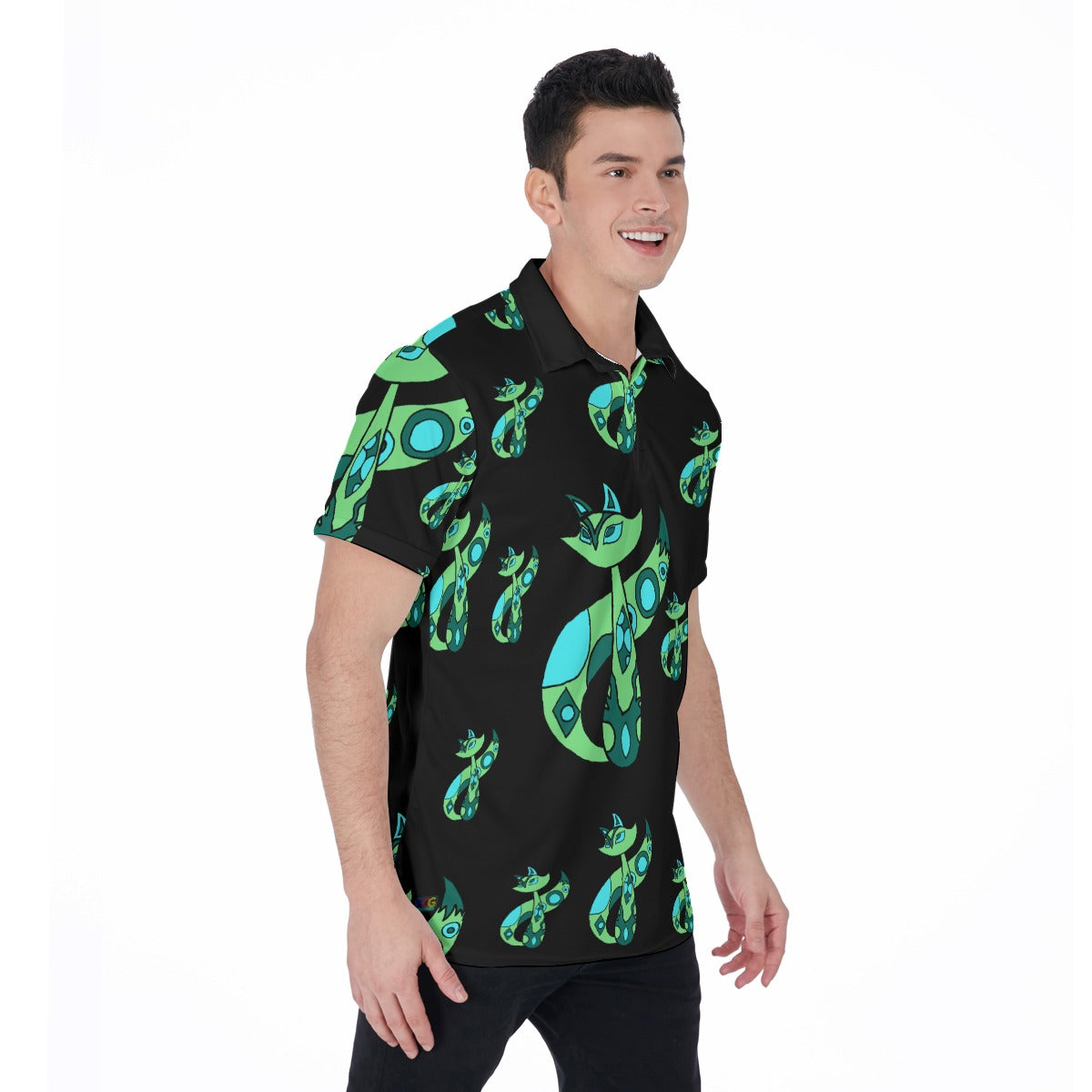 Green Cat All-Over Print Men's Polo Shirt