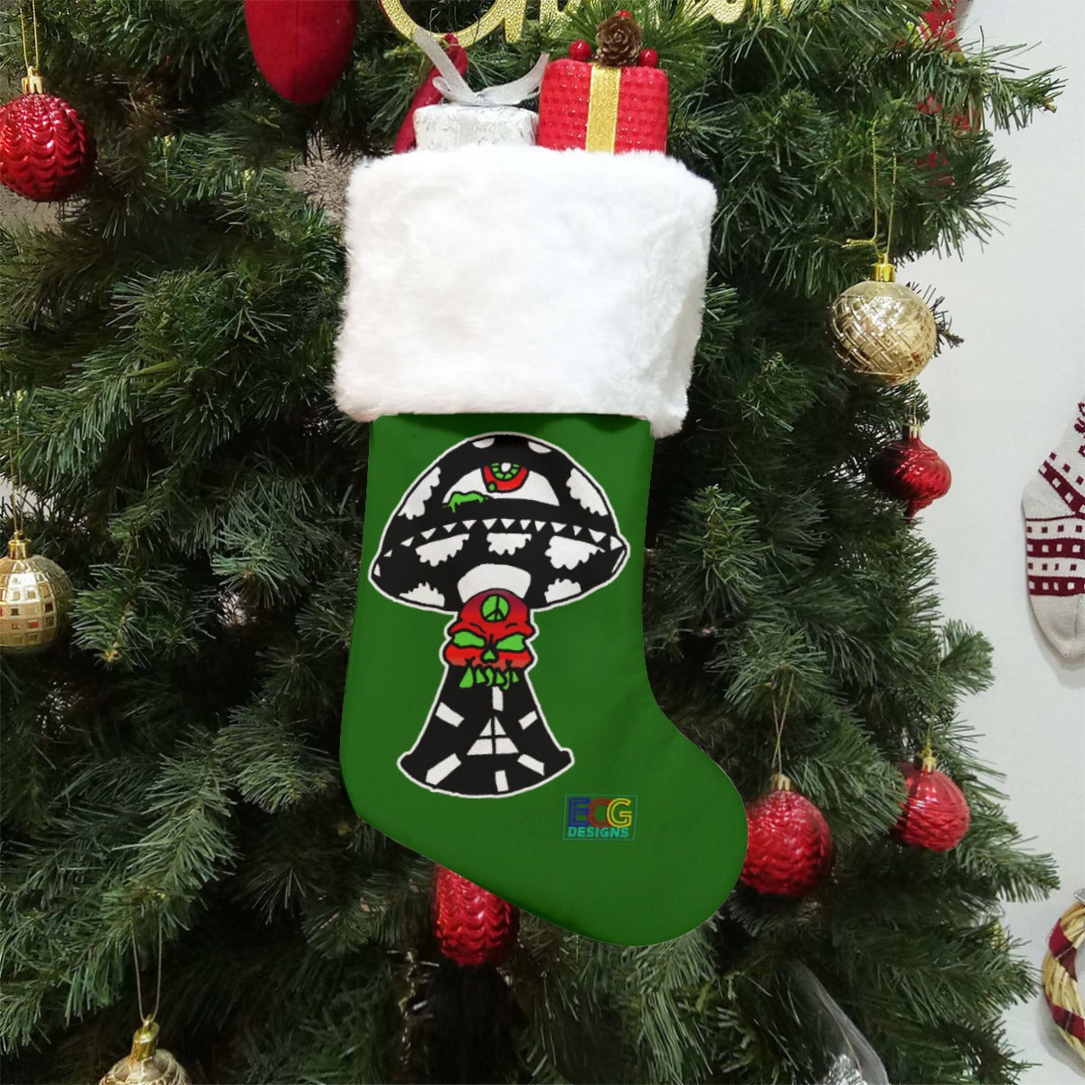 B&W Skull Shroom Christmas Stocking (Green)